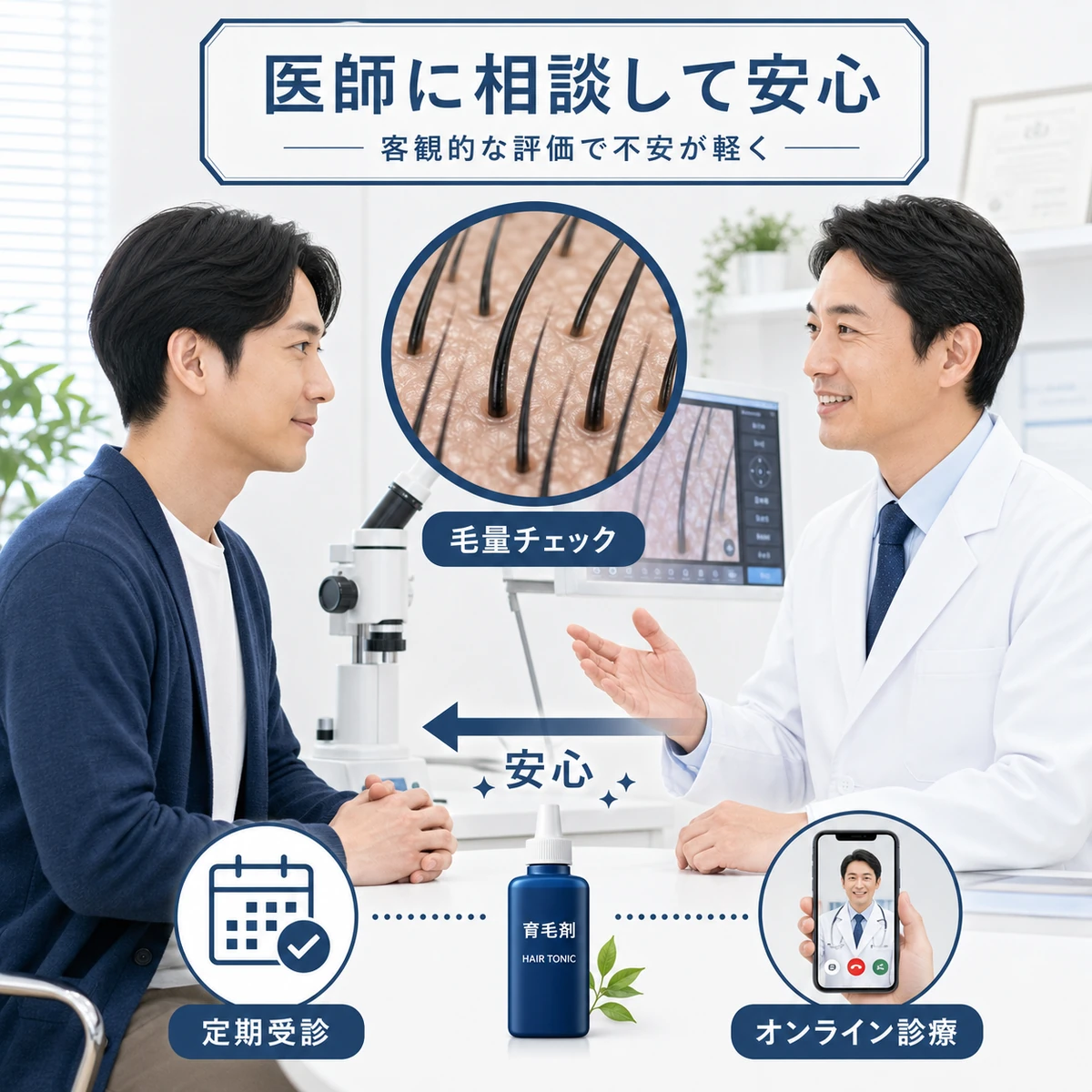 男性の患者と男性医師がマイクロスコープの画面で毛量を確認し安心する初期脱毛の相談風景を表した医療イラスト
