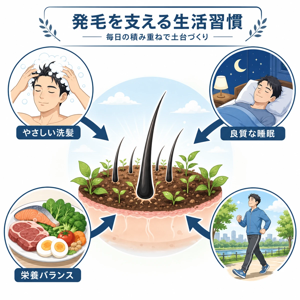 やさしい洗髪や睡眠や栄養や運動が頭皮の発毛を支える初期脱毛中の生活習慣を表した医療イラスト