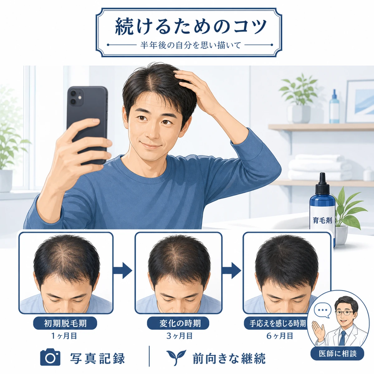 スマホで月ごとの経過写真を記録し改善を実感して治療を続ける男性を表した医療イラスト