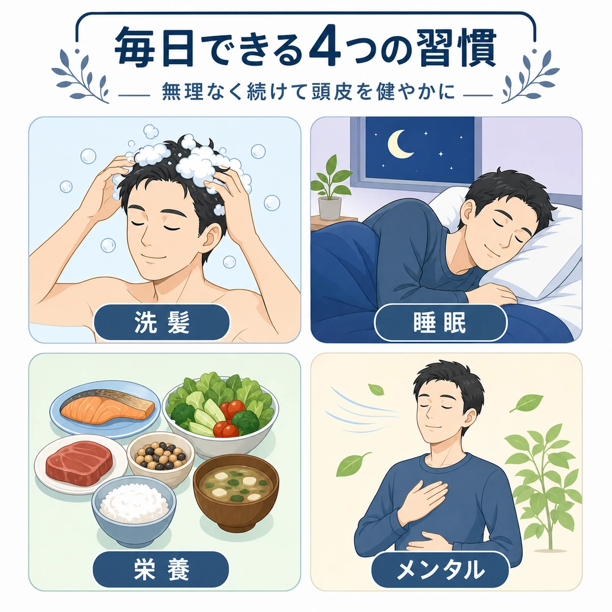 洗髪・睡眠・栄養・メンタルの4つの生活習慣を並べた育毛ケアの医療イラスト