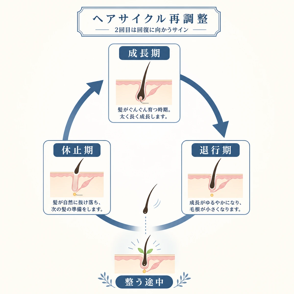 髪の成長期・退行期・休止期がめぐるヘアサイクルと新しい毛が生える再調整の流れを表した医療イラスト