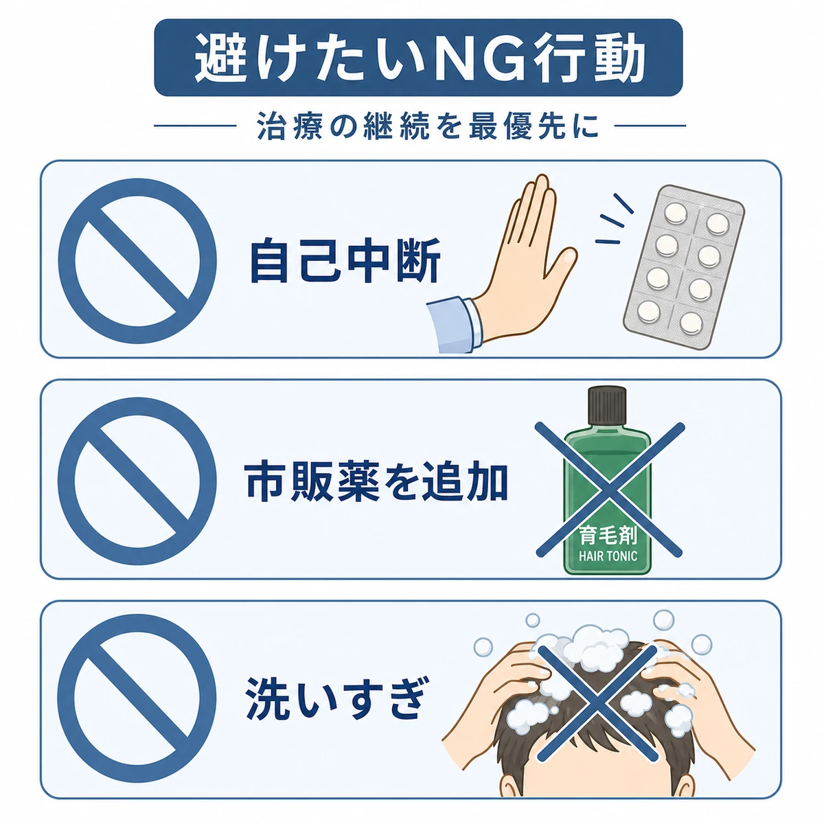 自己中断・市販薬の追加・洗いすぎという初期脱毛中に避けたい行動を禁止マークで表した医療イラスト