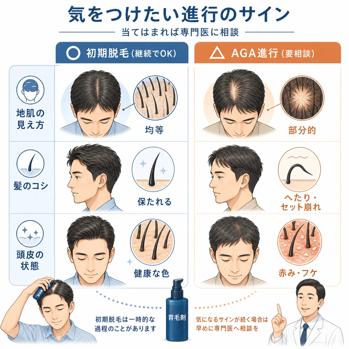 初期脱毛とAGA進行を観察ポイントで冷静に見分けるチェック対比を表した医療イラスト