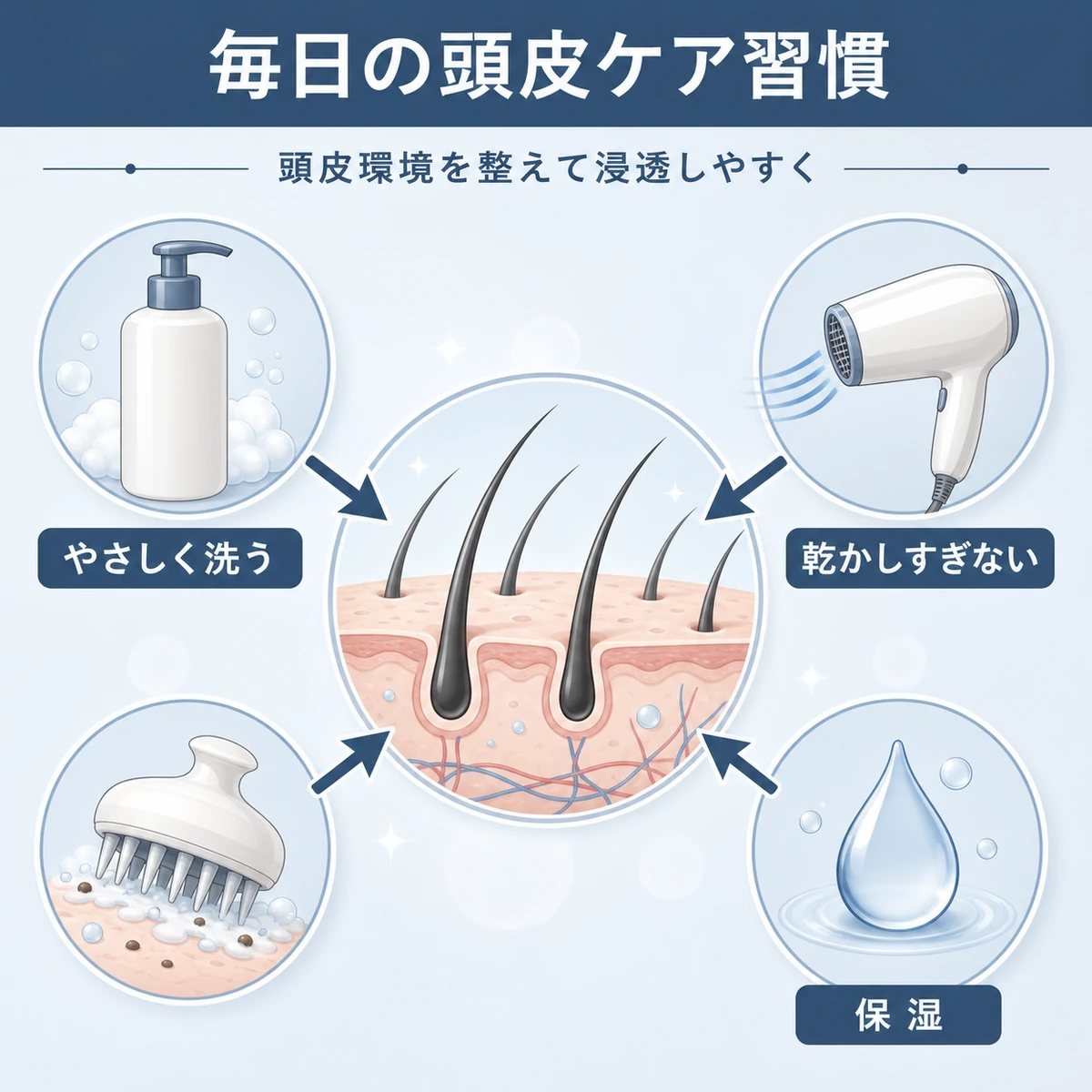 穏やかな洗髪や保湿など頭皮環境を整える複数のケアを頭皮中心に表した医療イラスト