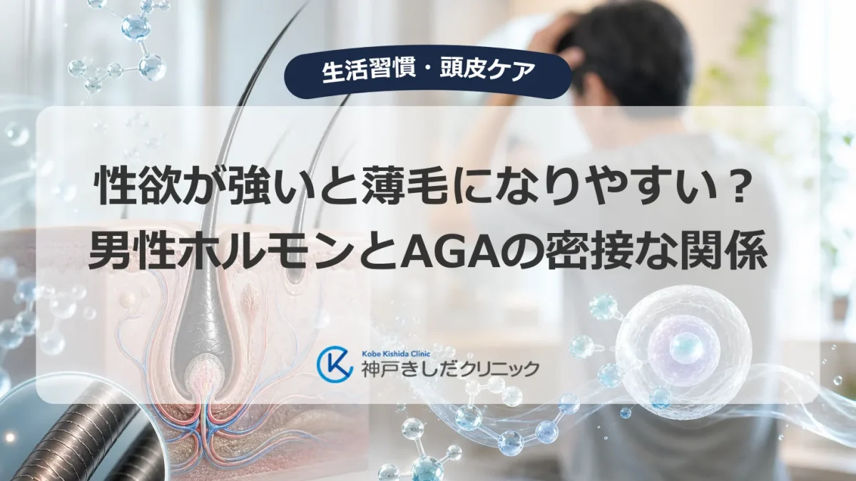 性欲と薄毛の関係を考える男性と、頭皮と毛根の医療イメージ