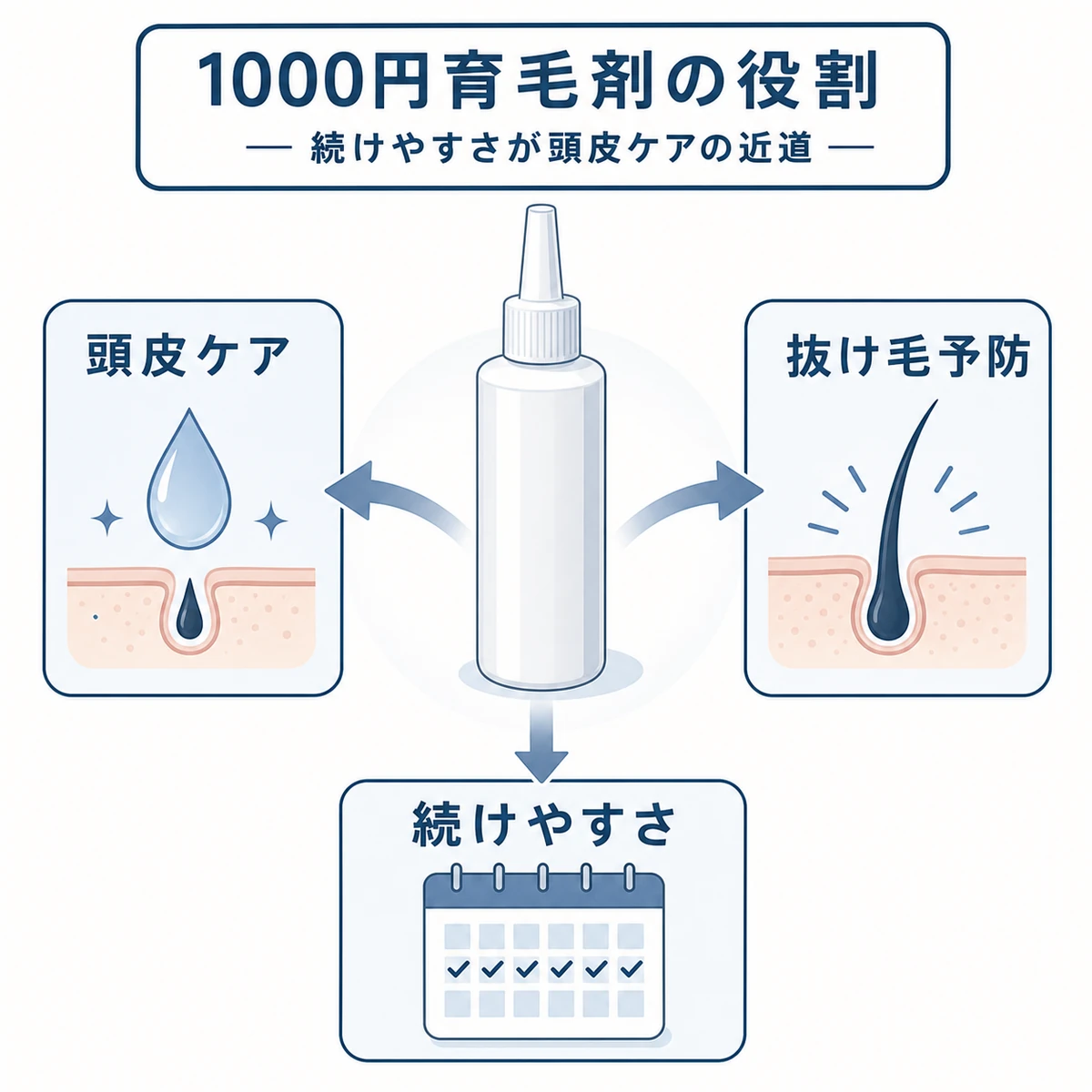 1000円前後の男性用育毛剤に期待できる頭皮ケアや抜け毛予防の働きを表した医療イラスト