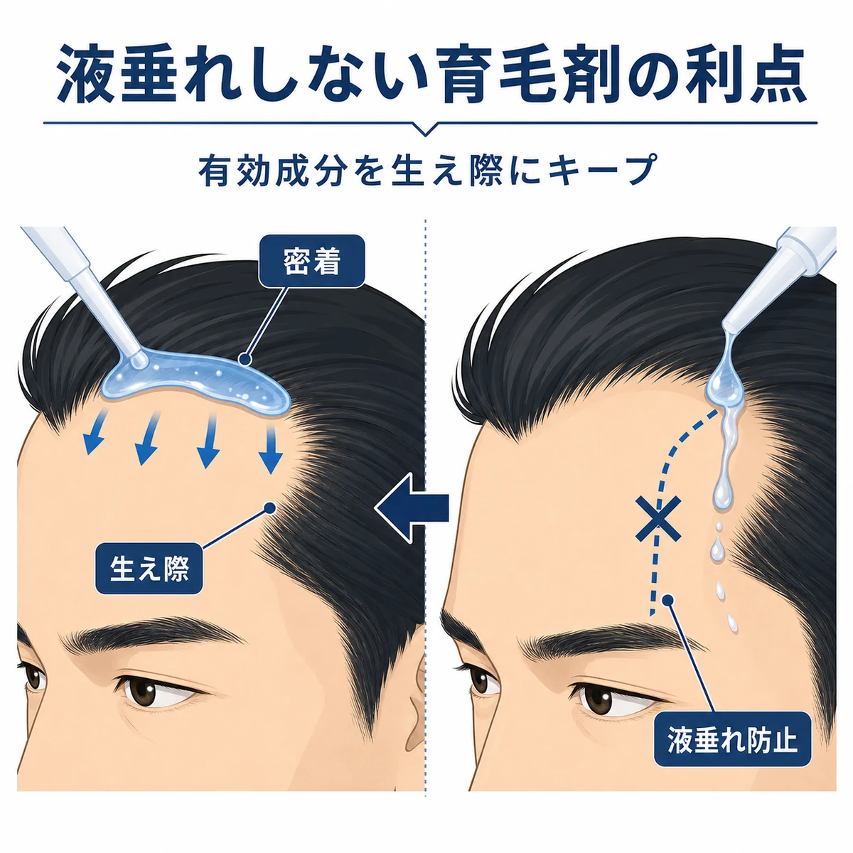 育毛剤の液垂れありとなしを成人男性の横顔で左右に比べた医療イラスト
