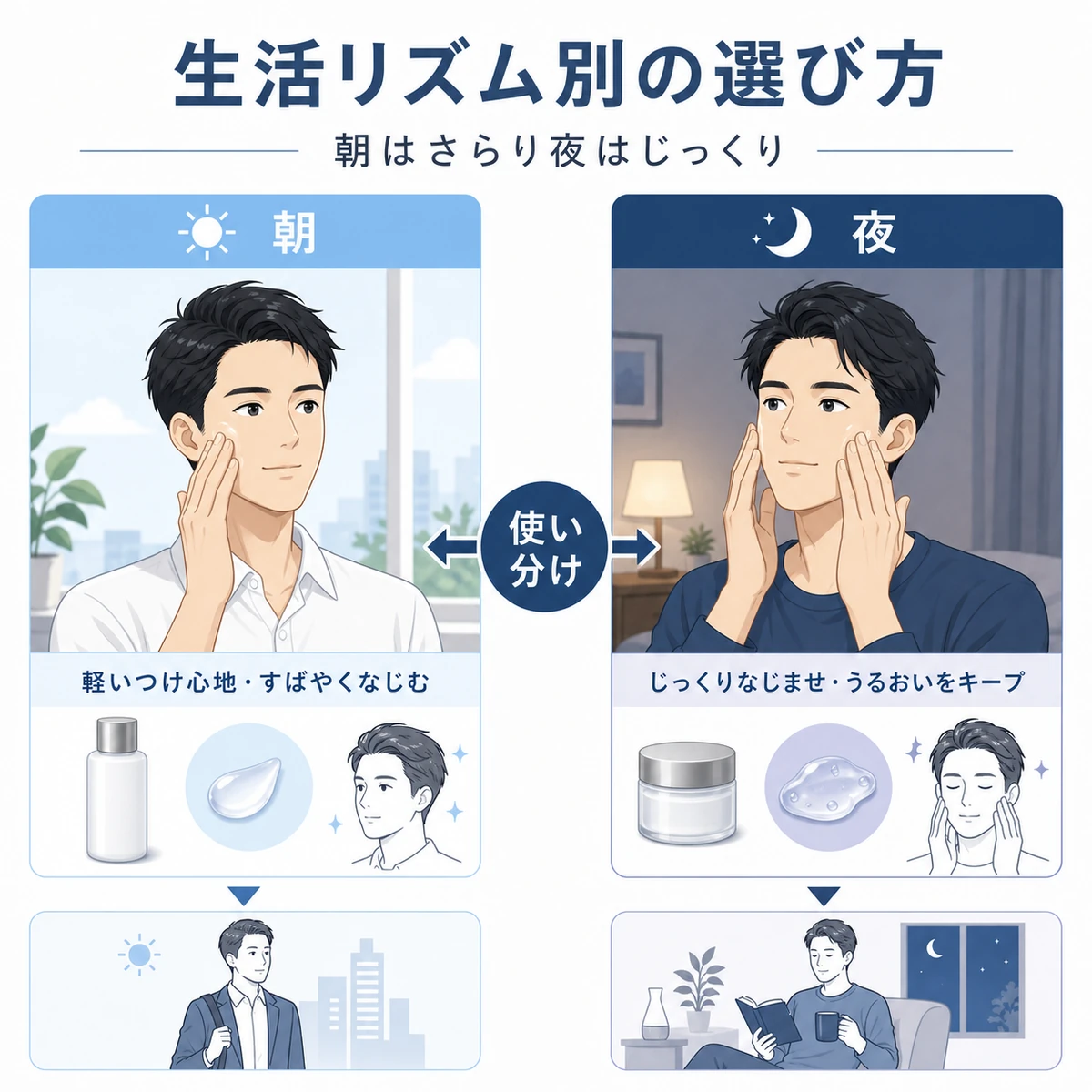 朝はローション夜はジェルと成人男性が使い分ける選び方を比べた医療イラスト