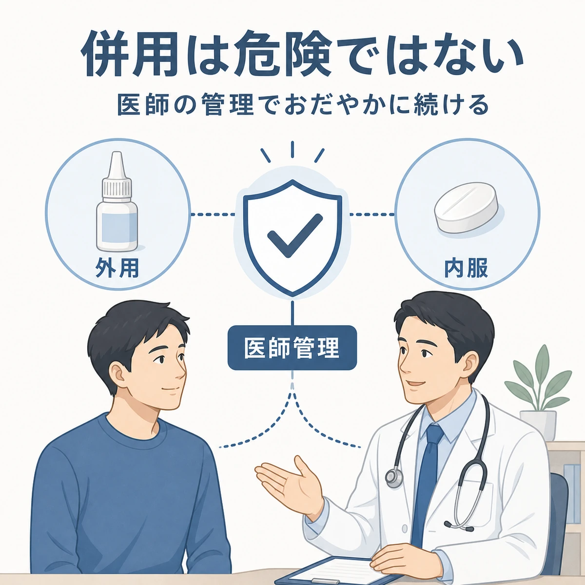 育毛剤とAGA薬が別々の作用で安全に併用できる関係を表した医療イラスト