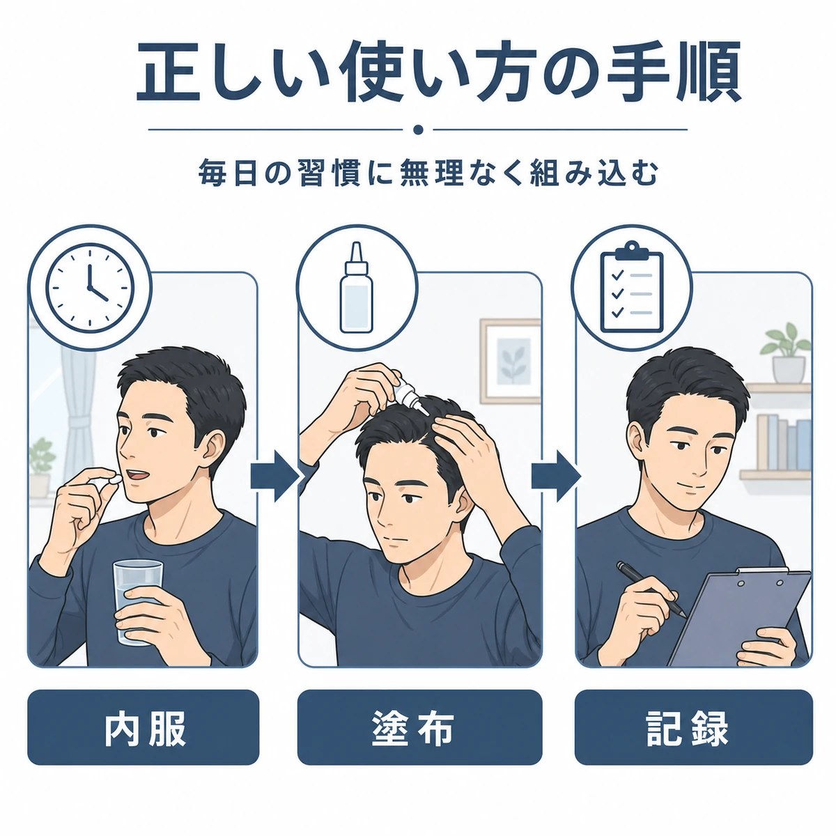 朝と夜で外用薬の塗布と内服薬の服用を分ける正しい使い方の流れを表した医療イラスト