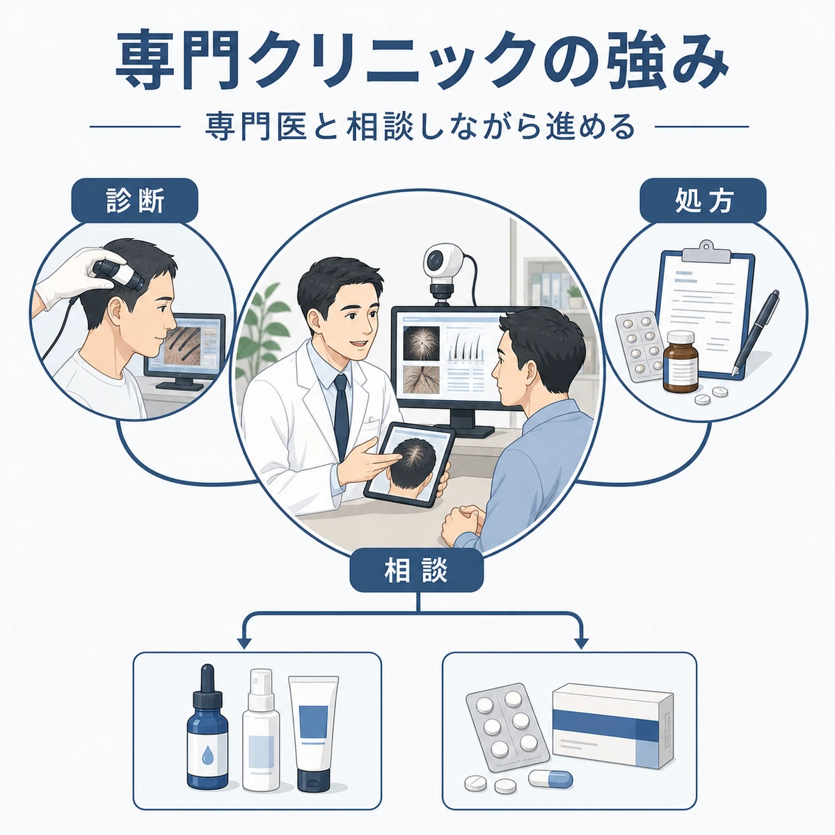 専門クリニックで診断・管理・記録の3つの支えを受けられるメリットを表した医療イラスト