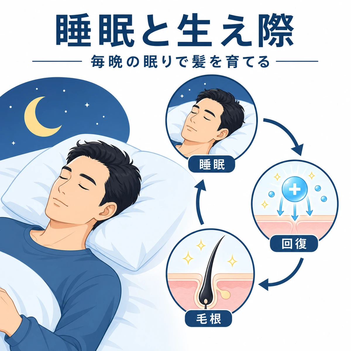 深い睡眠と成長ホルモンが髪を育てる流れを表した医療イラスト