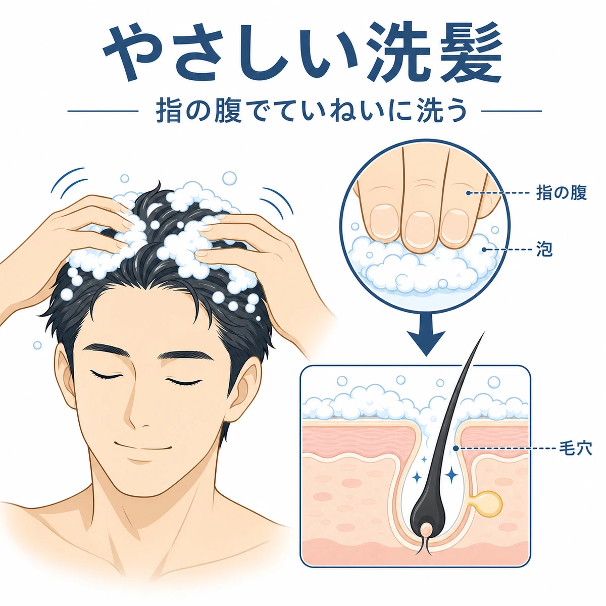 頭皮にやさしいシャンプーの手順を段階的に表した医療イラスト