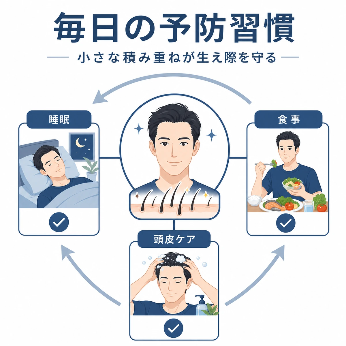 食事や睡眠など毎日の予防習慣で生え際を守るポイントを分類して表した医療イラスト