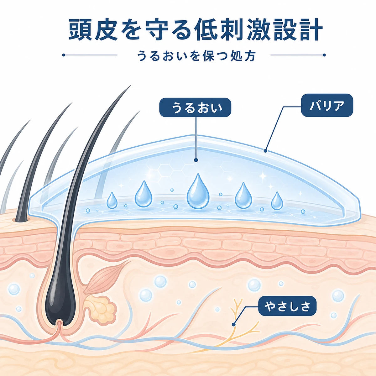 低刺激設計が生え際の頭皮のバリアとうるおいを保つしくみを表した医療イラスト