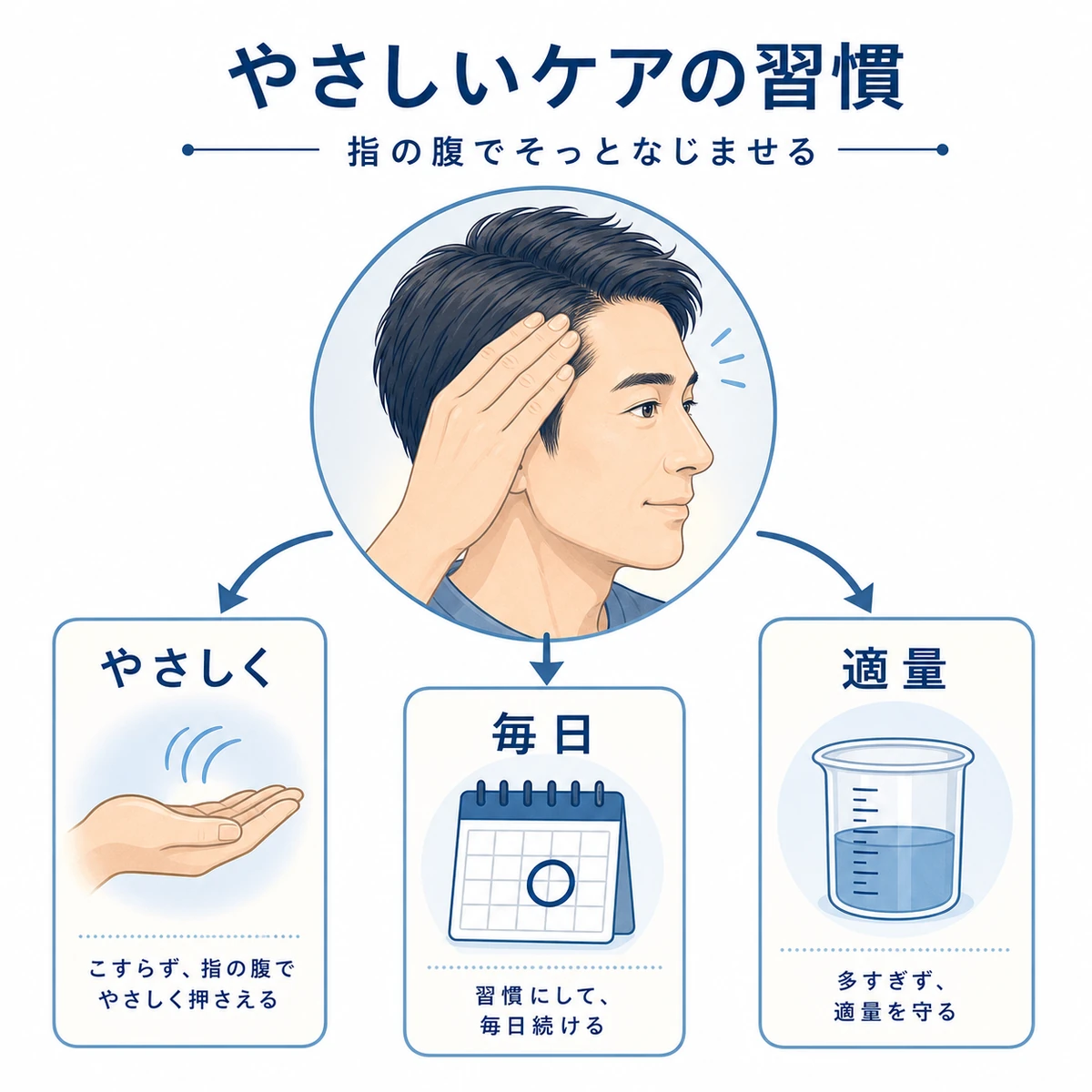 指の腹で優しくなじませる穏やかな生え際ケアの習慣を表した医療イラスト