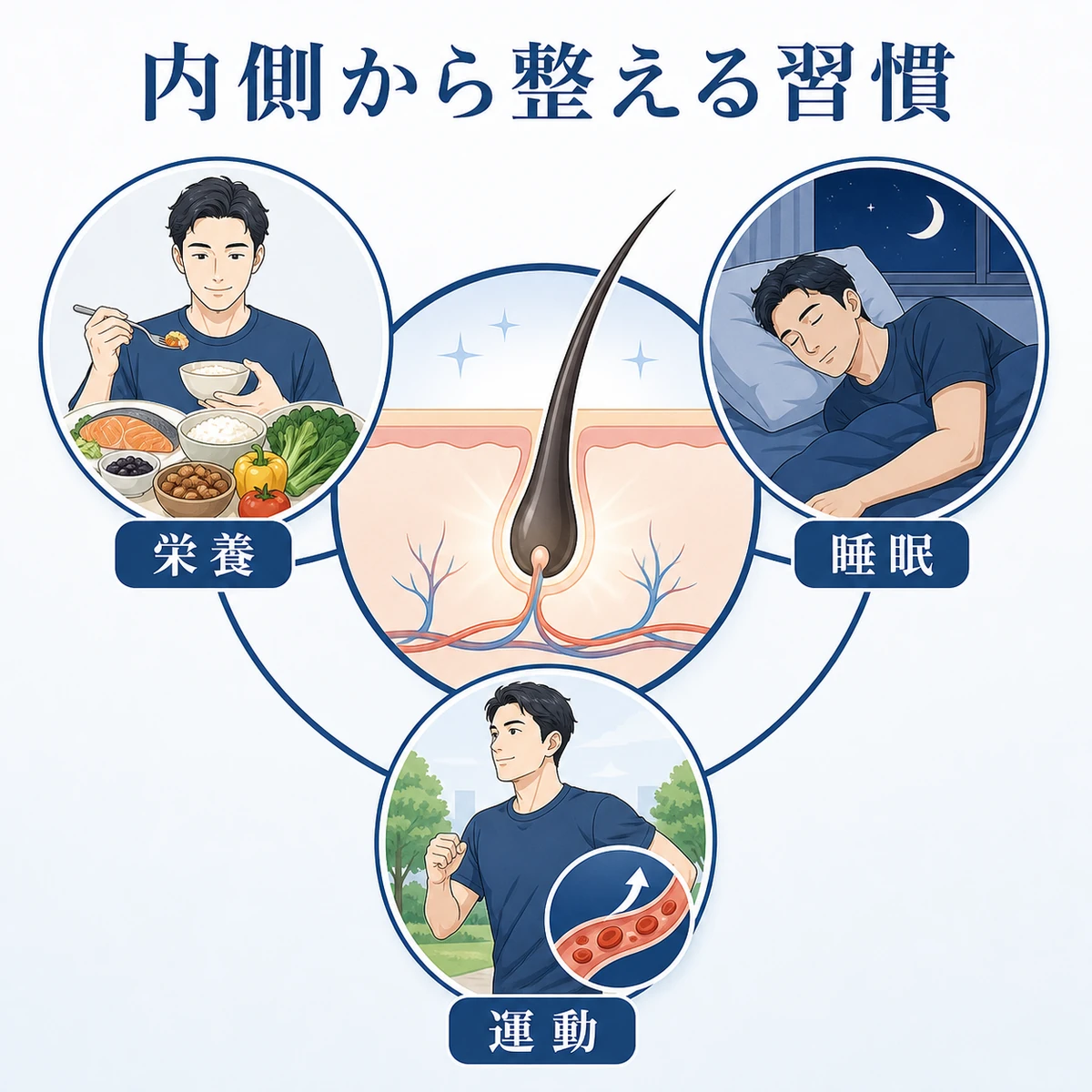 栄養と睡眠、ストレスケアで体の内側から生え際を整える習慣を表した医療イラスト