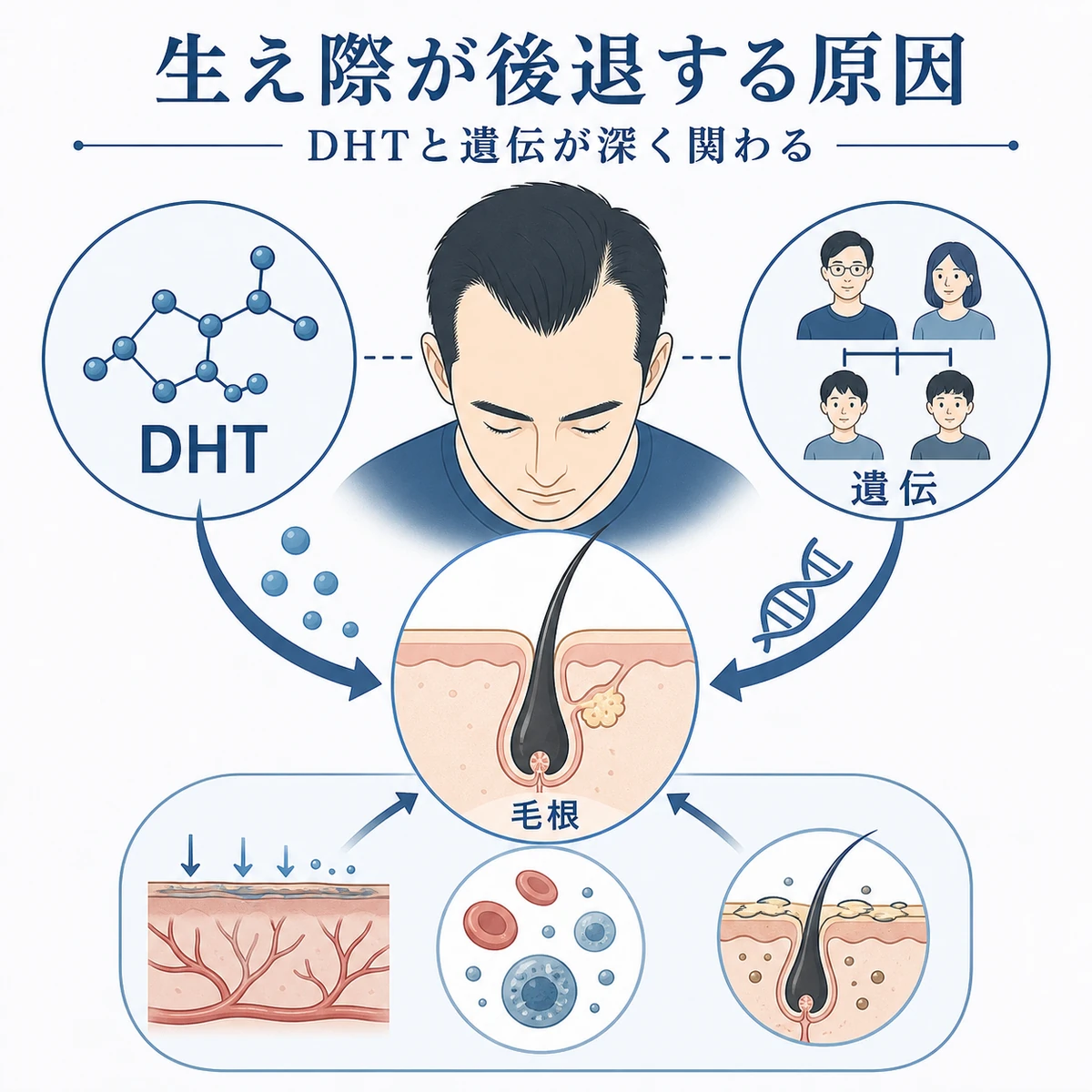 DHTが毛包に作用して生え際が後退するAGAの仕組みを表した医療イラスト