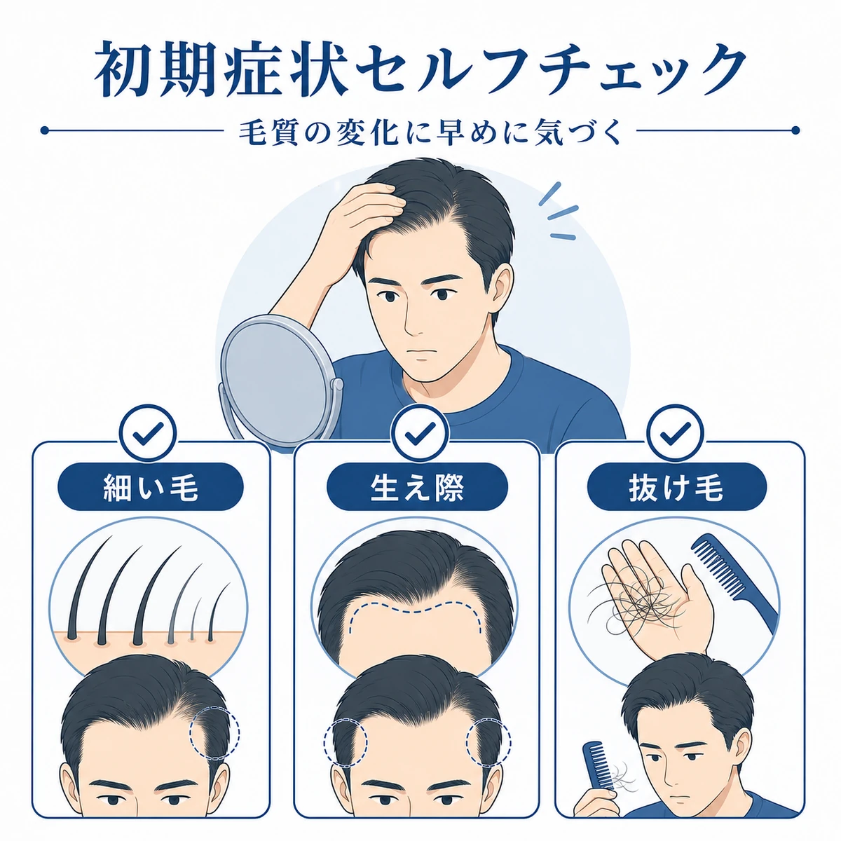 生え際の初期サインを鏡でセルフチェックする成人男性の医療イラスト
