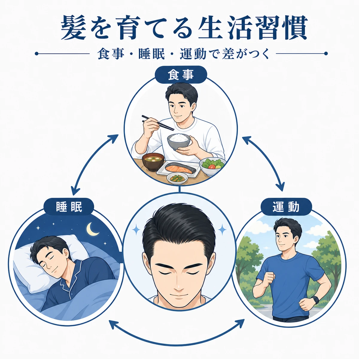 食事・睡眠・運動で髪を育てる生活習慣を表した医療イラスト