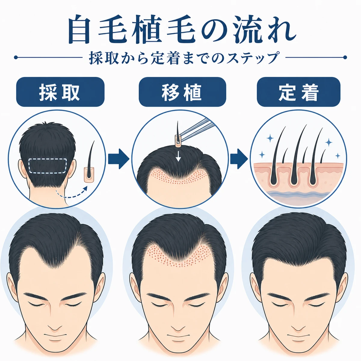 後頭部からの採取から生え際への定着まで自毛植毛の流れを示した医療イラスト
