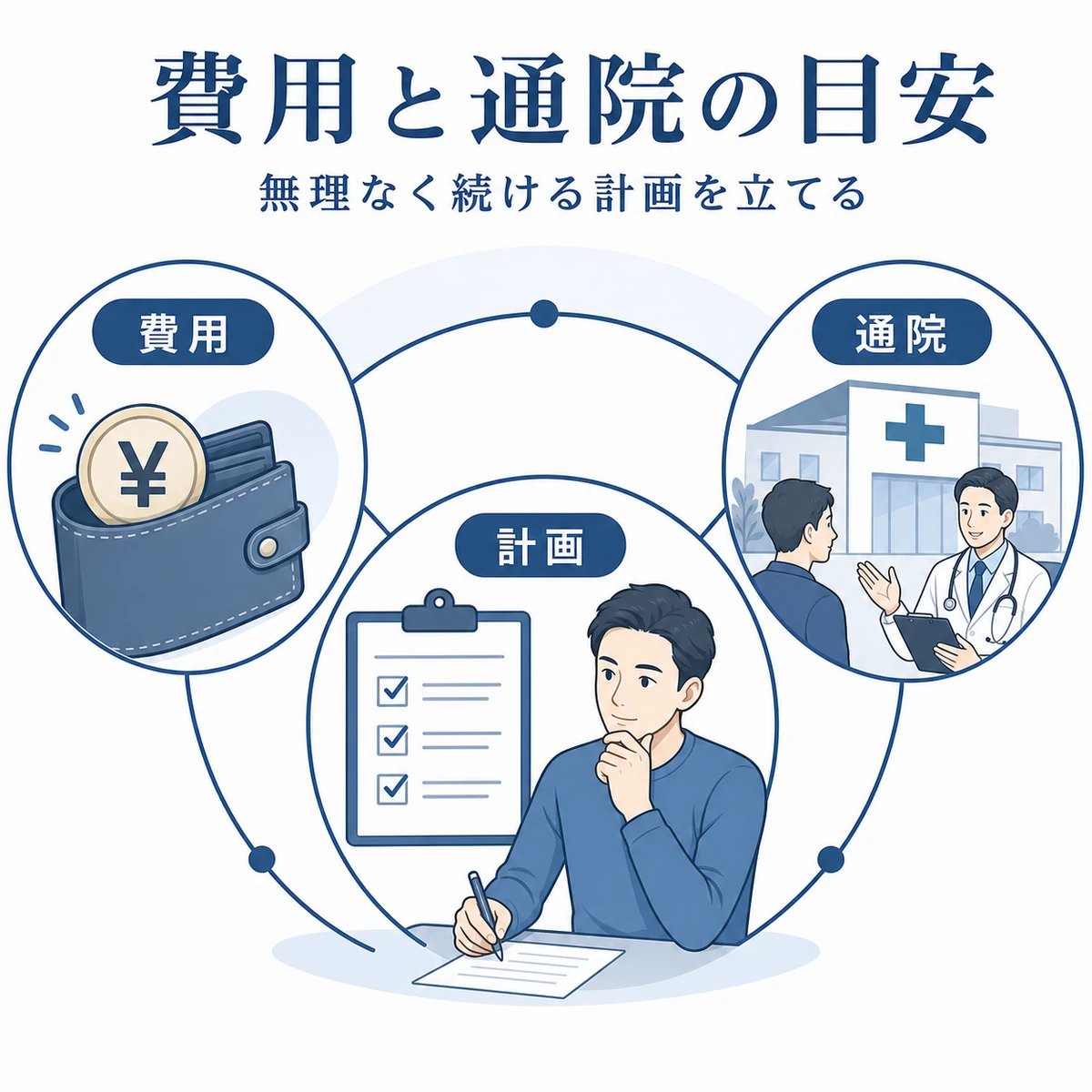 AGA治療の費用と通院ペースを続ける目安を表した医療イラスト