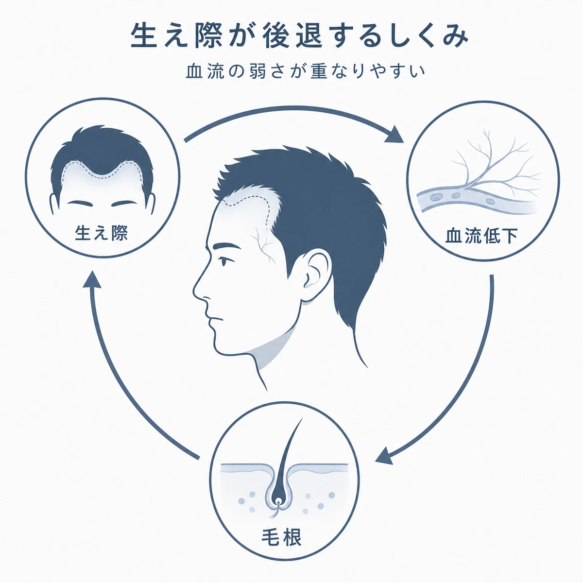 生え際の血流の弱さとM字ハゲ進行の関係を表した医療イラスト