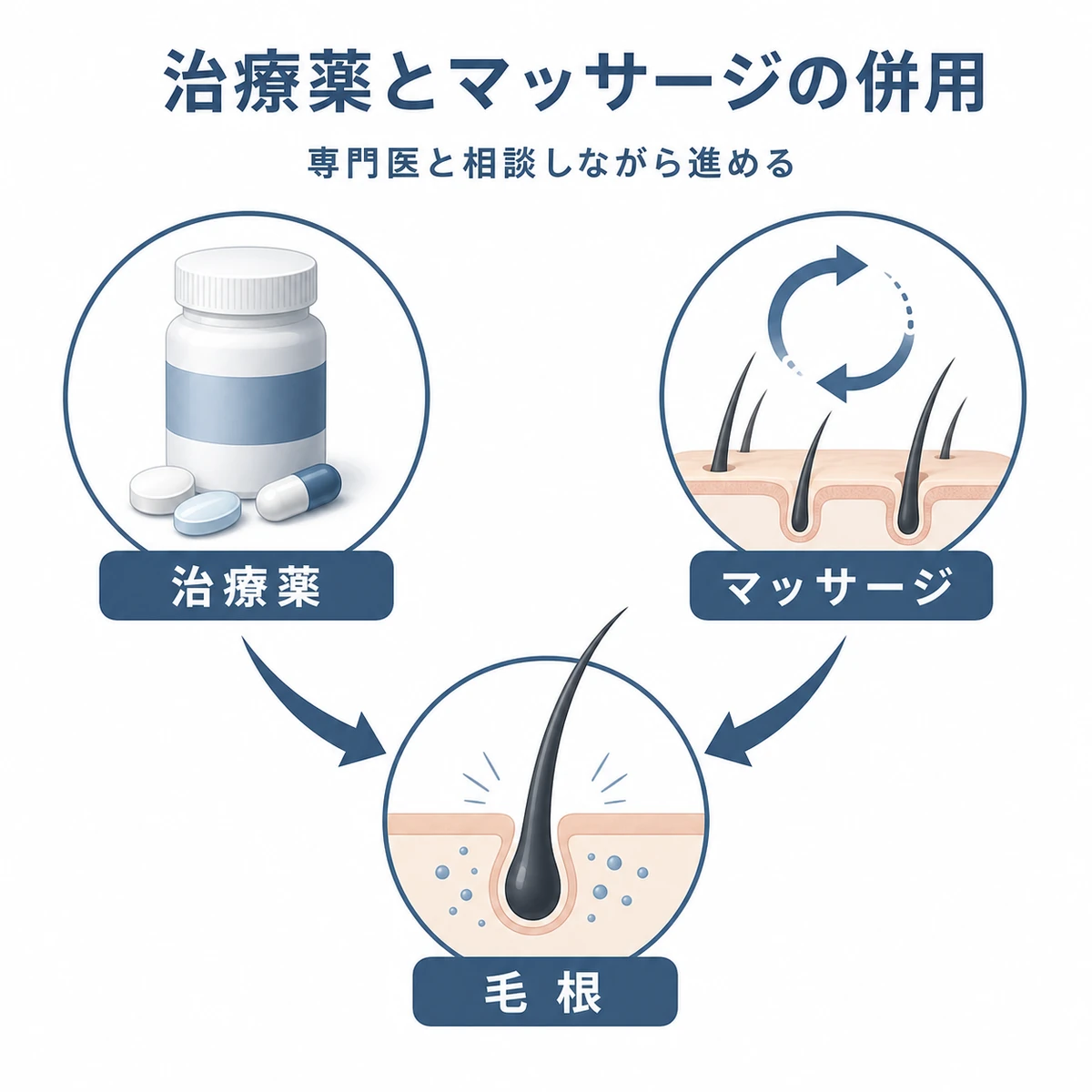 AGA治療薬と頭皮マッサージの併用が毛根環境を支える相乗の流れを示した医療イラスト