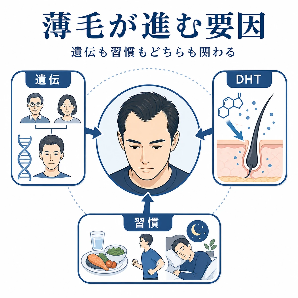 男性ホルモンや遺伝や生活習慣が生え際の後退に関わるしくみを表した医療イラスト