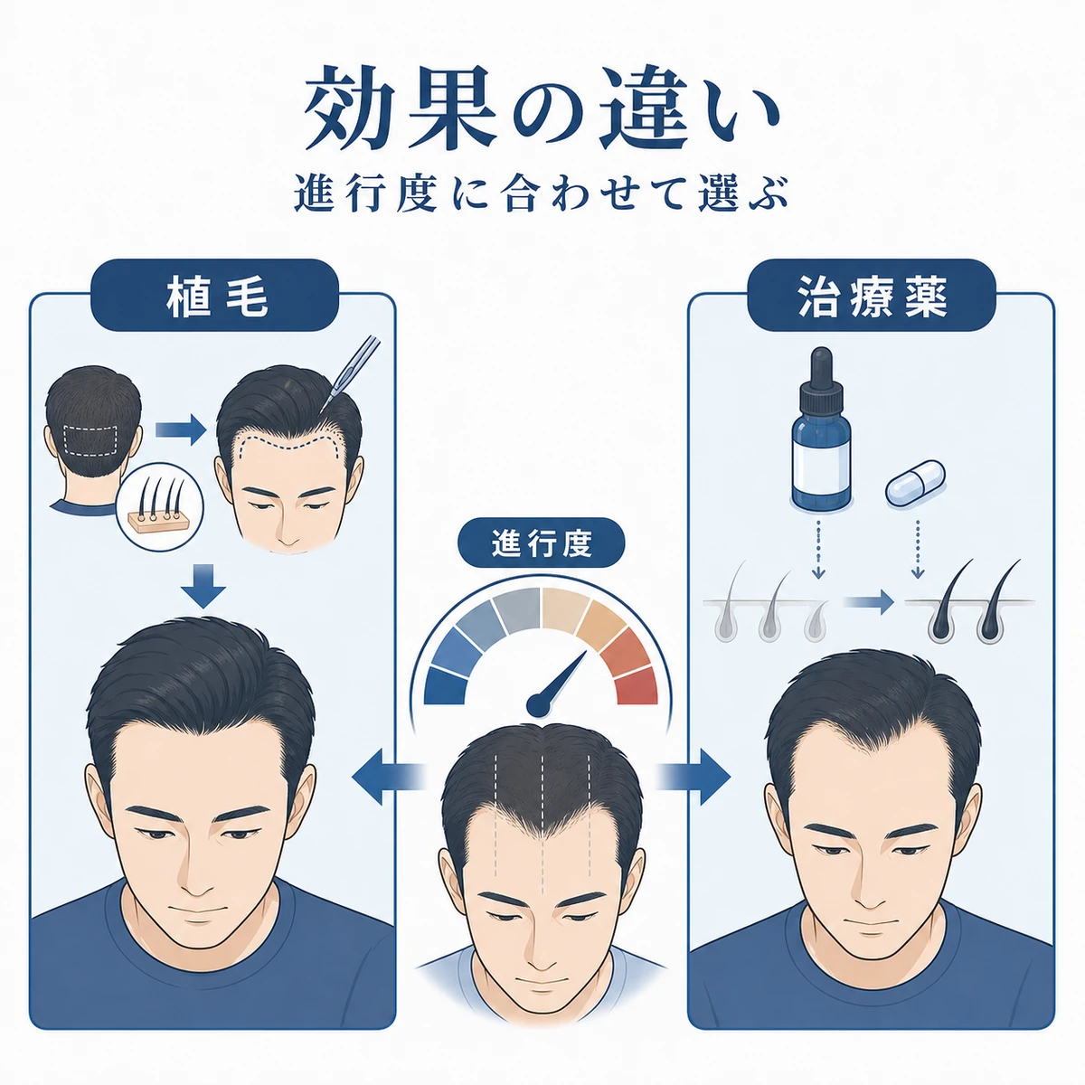 進行度に応じて育毛剤と植毛のどちらが向くかの違いを段階的に表した医療イラスト
