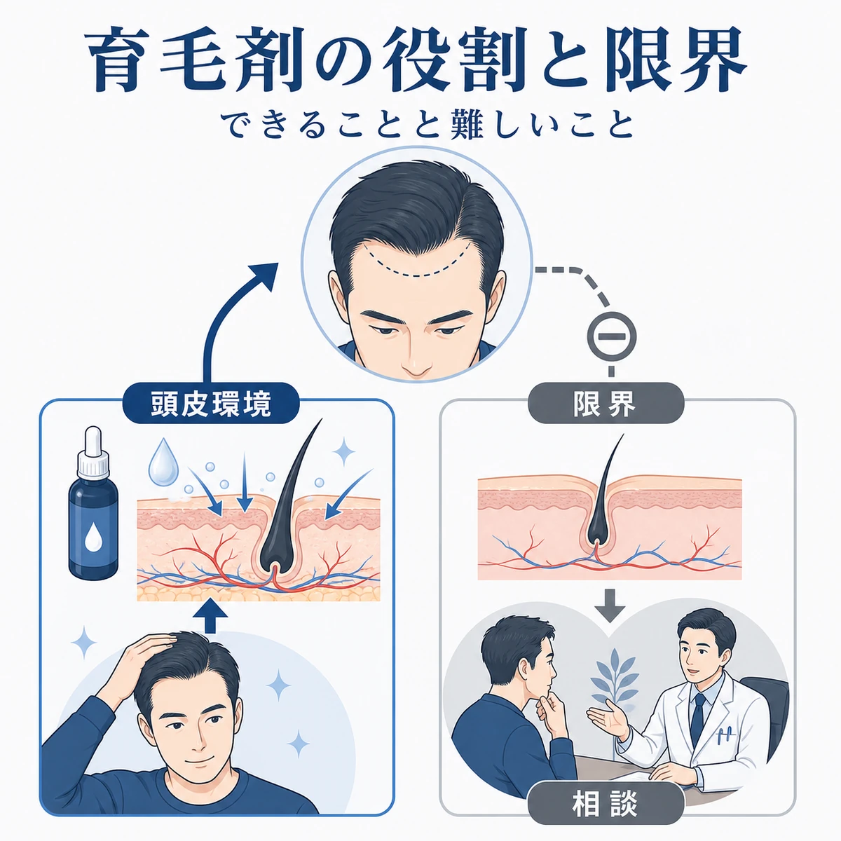 育毛剤で対応できる範囲とM字生え際の発毛の難しさを対比した医療イラスト