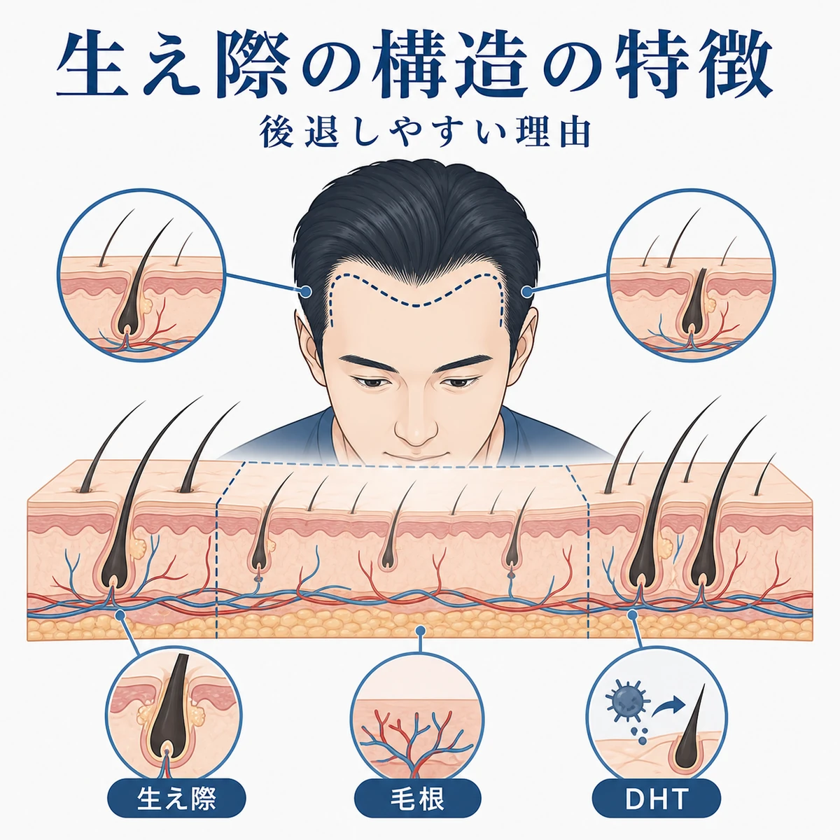 生え際の頭皮断面と後退しやすい構造的な特徴を表した医療イラスト