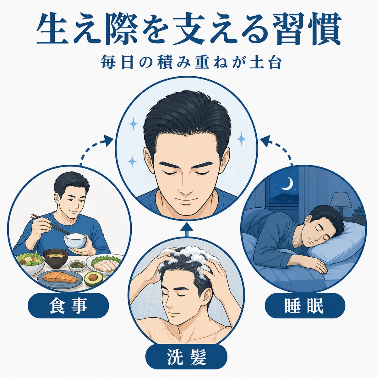 睡眠や食事など生え際ケアを支える生活習慣を表した医療イラスト