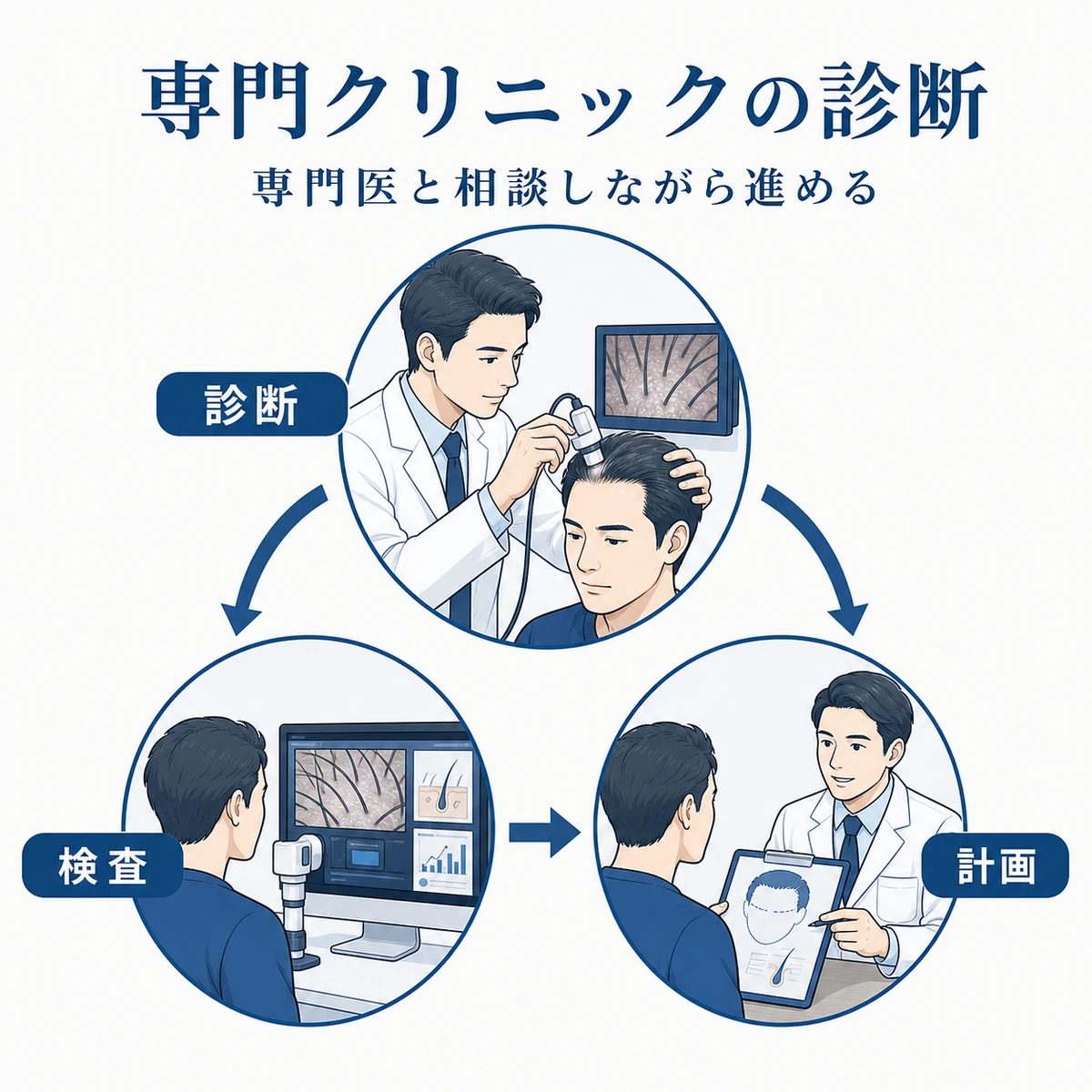 専門クリニックでの問診から検査、治療プラン作成までの流れを表した医療イラスト