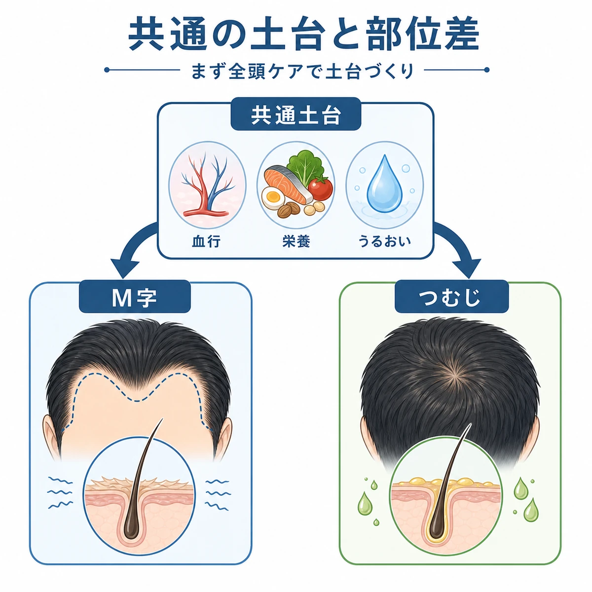 全頭ケアの共通土台からM字とつむじへ枝分かれする部位差を表した医療イラスト