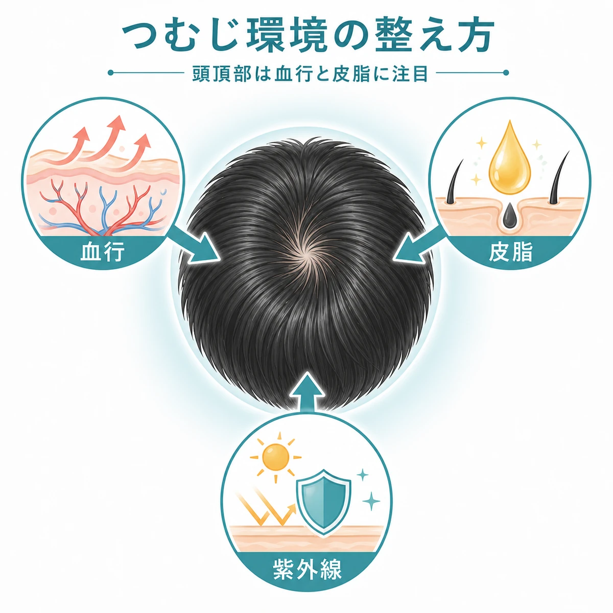 頭頂部を上から見て血行と皮脂と紫外線対策を示したつむじケアの医療イラスト