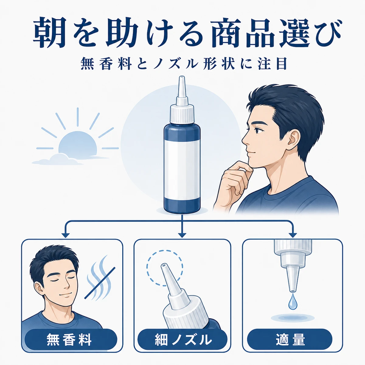 朝のスタイリングに配慮した育毛剤選びのポイントを描いた解説イラスト