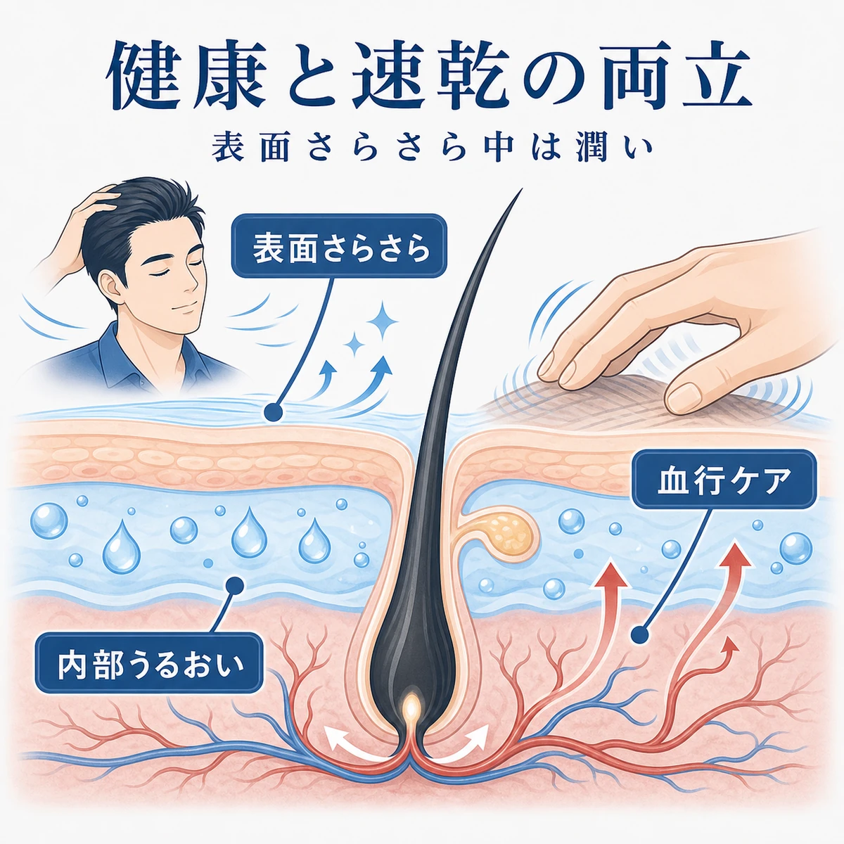頭皮の健康と速乾性を両立させるケアの仕組みを表した頭皮断面の医療イラスト