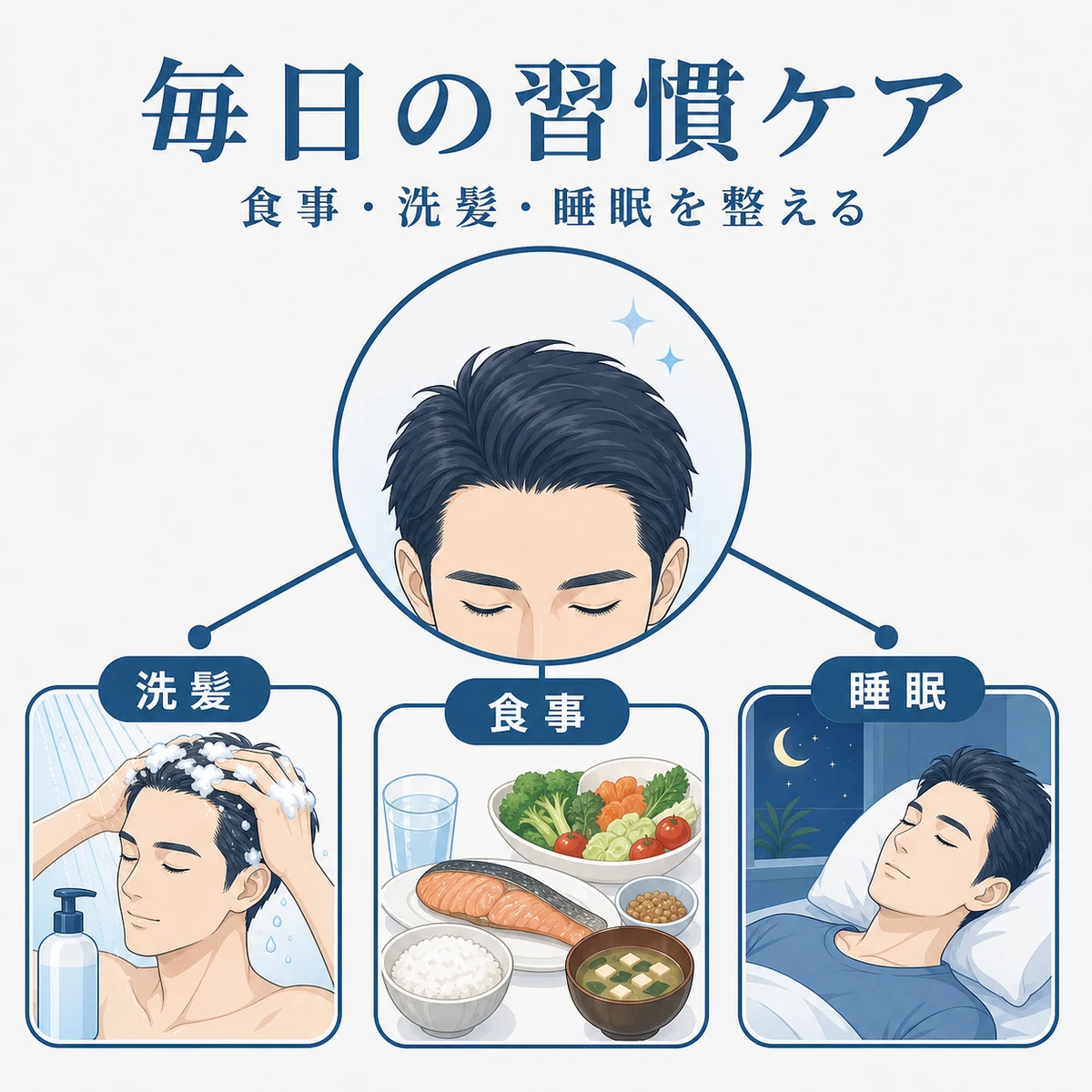 食事や睡眠など生活習慣からM字部分を整えるケアを描いた解説イラスト