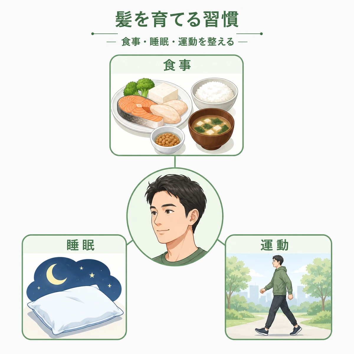 食事と睡眠と運動が髪の健康を支える生活習慣を三方向でまとめた男性向けイラスト