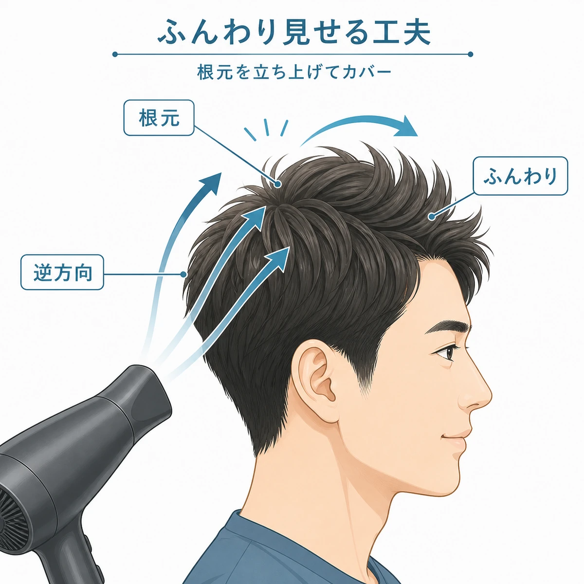 ドライヤーで根元を立ち上げてつむじのボリュームを出す方法を示した男性向け解説イラスト