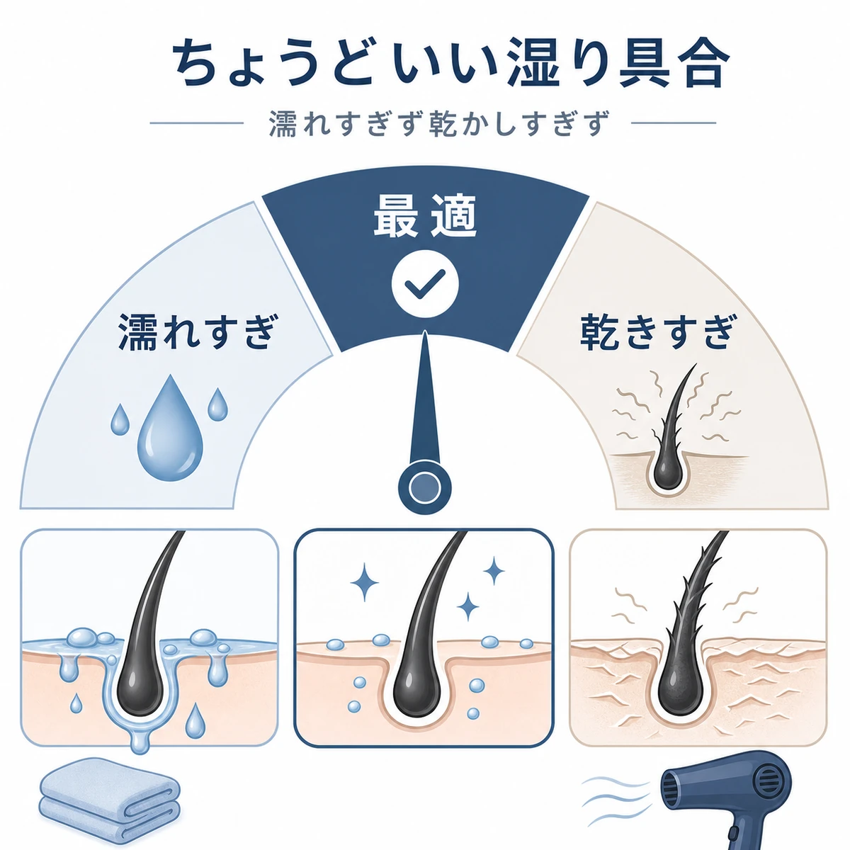 育毛剤を塗る前の髪の理想的な湿り具合をメーターで表した頭皮ケアのイラスト