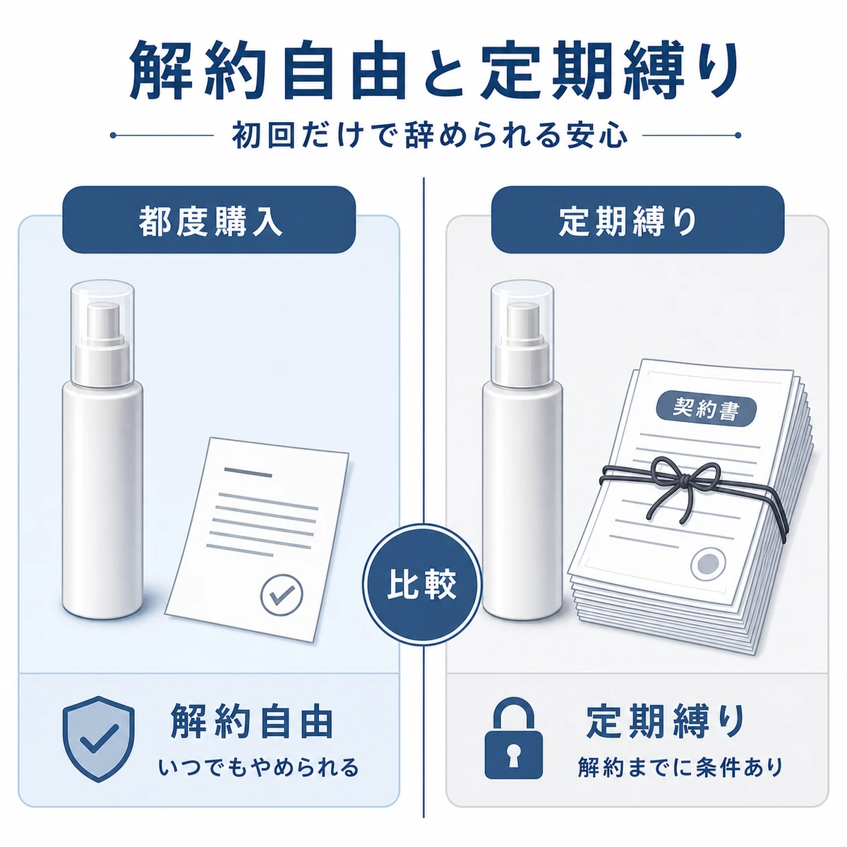 都度購入と定期縛りの育毛剤契約を並べて比べた解説イラスト