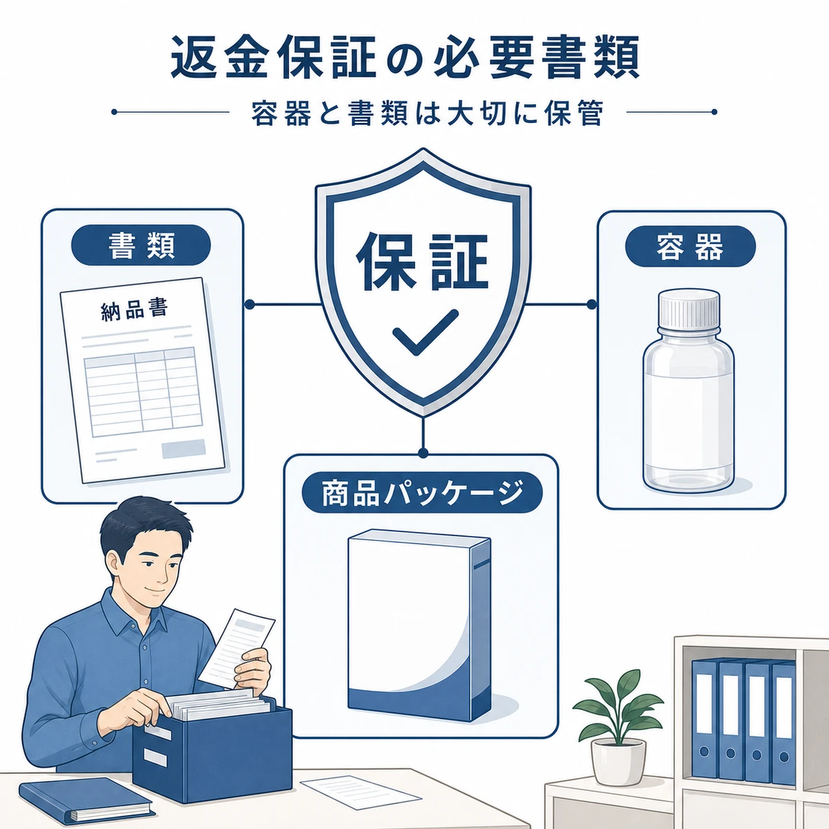 返金保証に必要な納品書や空容器を保証の盾と結んで示した解説イラスト