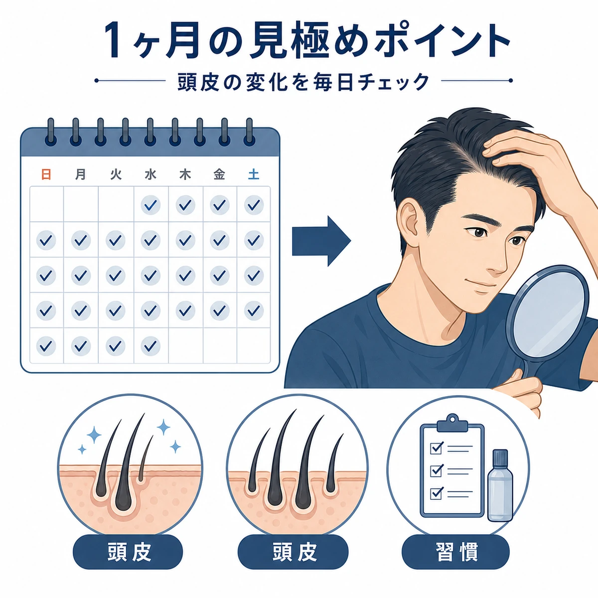 成人男性が一ヶ月で頭皮の変化を見極める流れをカレンダーで表したイラスト