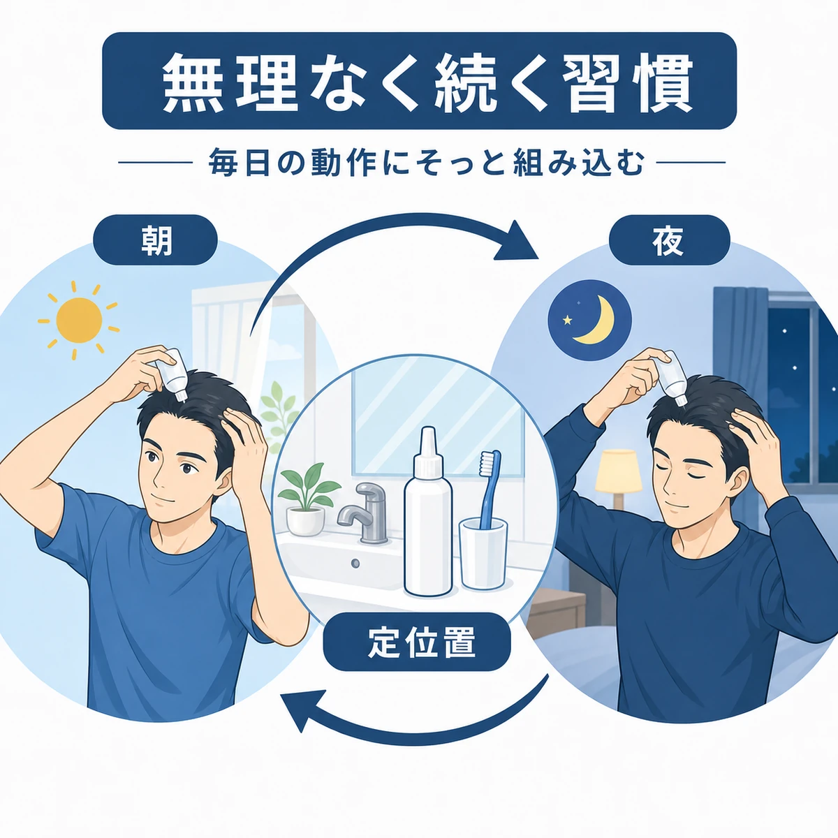 成人男性が朝と夜のルーティンに育毛ケアを取り入れる習慣のイラスト