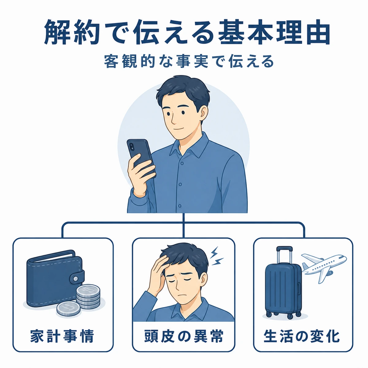 解約電話で伝える基本理由を家計事情・頭皮の異常・生活の変化の3つに分類した医療イラスト
