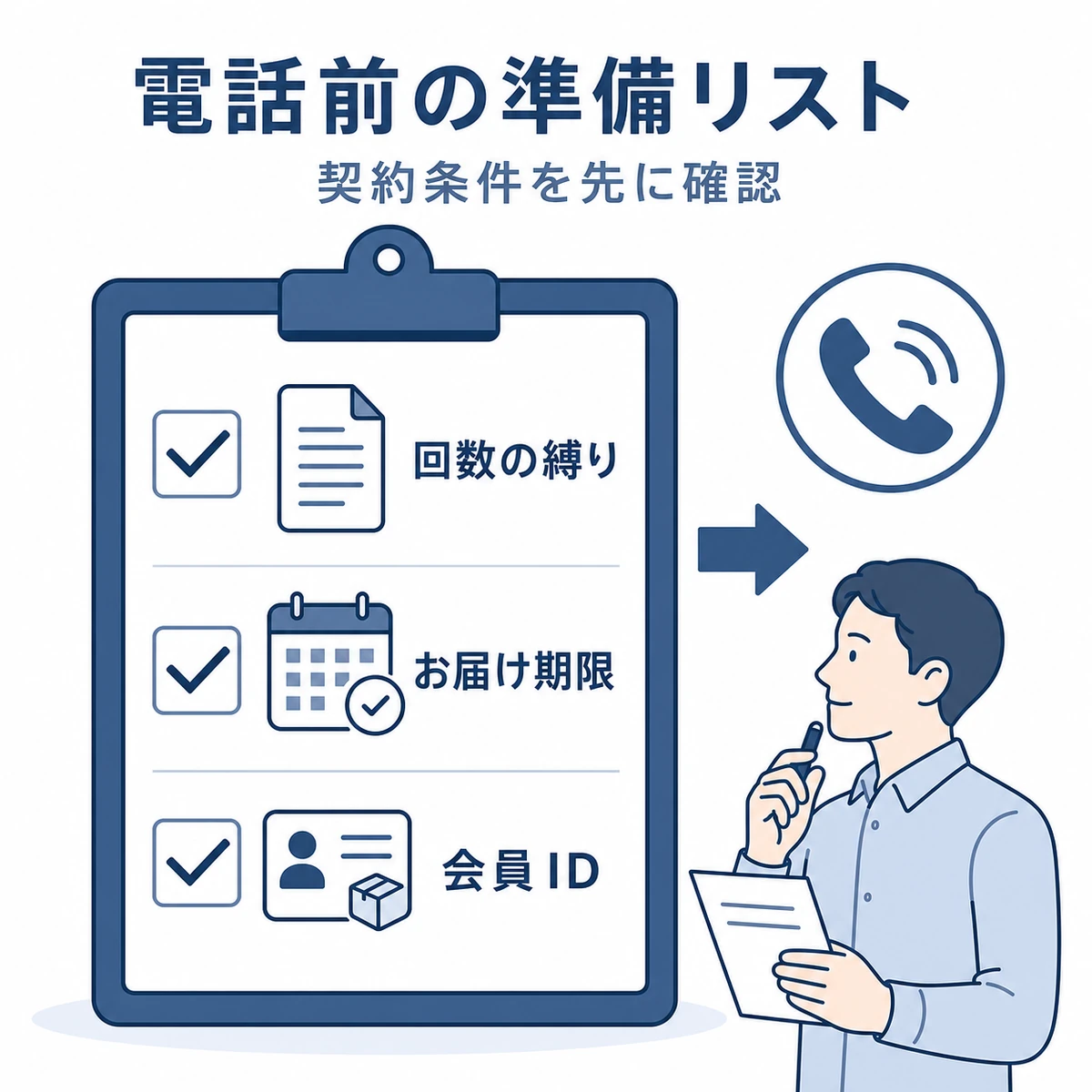 解約電話の前に確認する回数の縛り・お届け期限・会員IDをチェックリストで示した医療イラスト