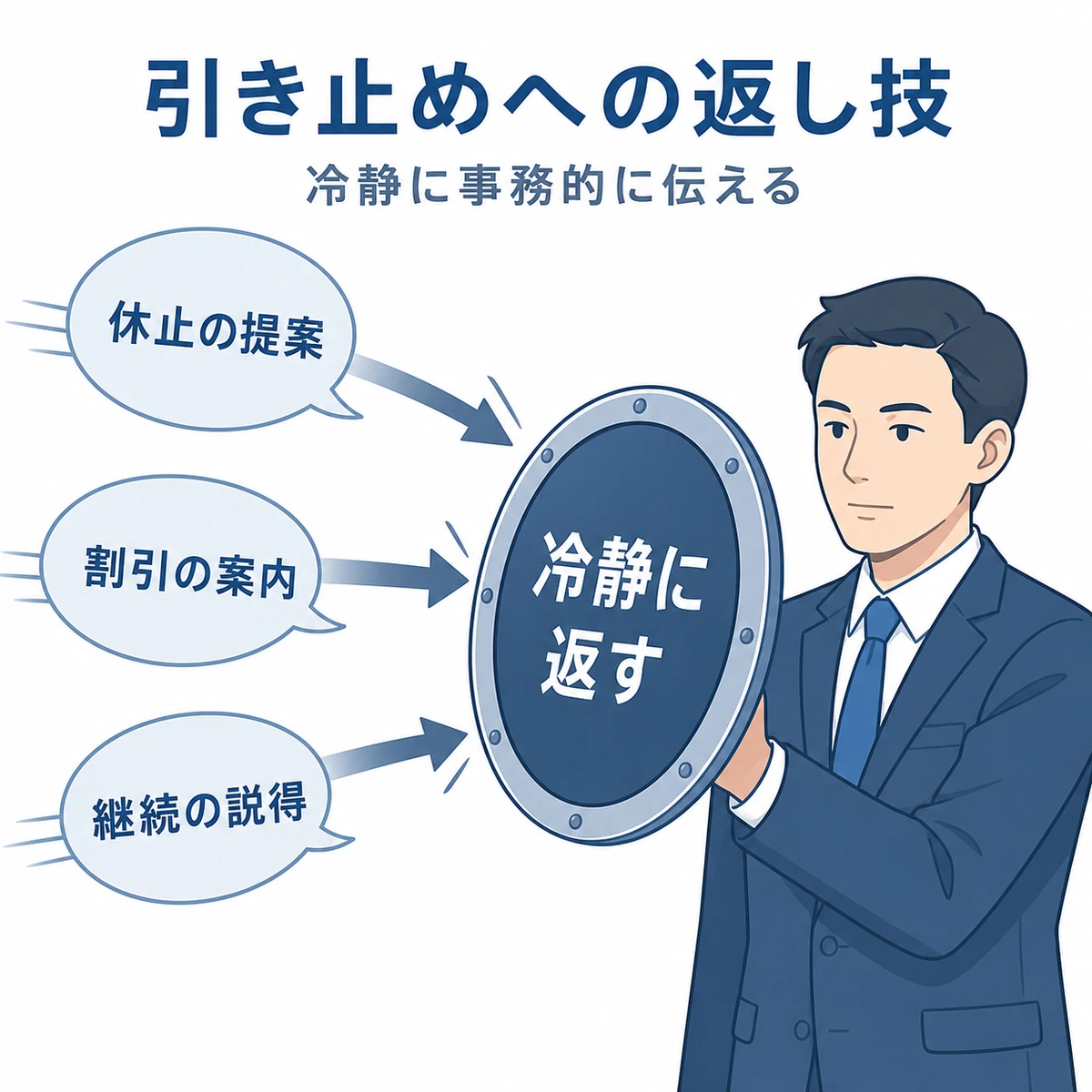 成人男性が休止提案や割引案内の引き止めトークを冷静に受け流す様子を盾で表した医療イラスト