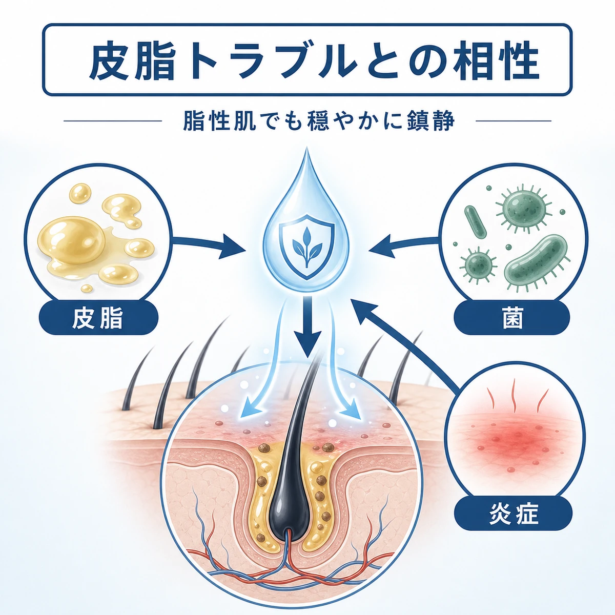 男性の皮脂と菌による炎症を消炎成分が鎮める関係を表した医療イラスト